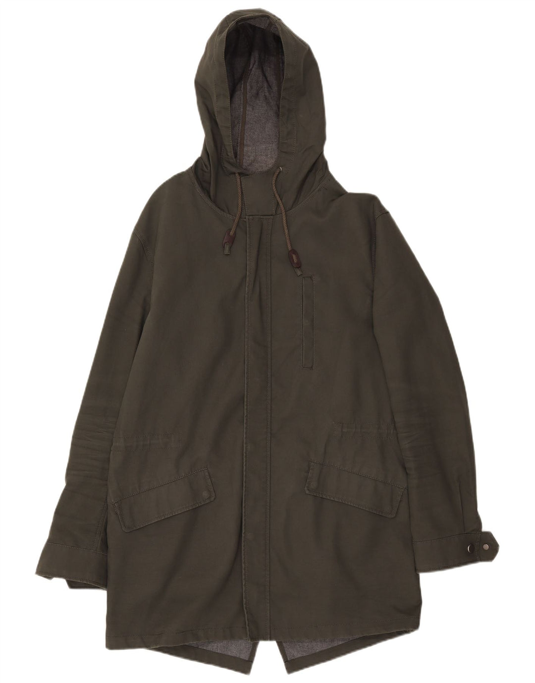 Zara Mens Hooded Parka Jacket UK 40 Large Khaki Cotton