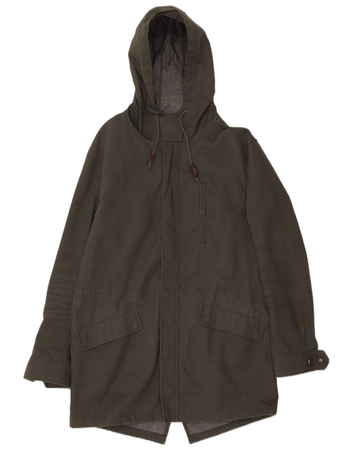 Zara Mens Hooded Parka Jacket UK 40 Large Khaki Cotton