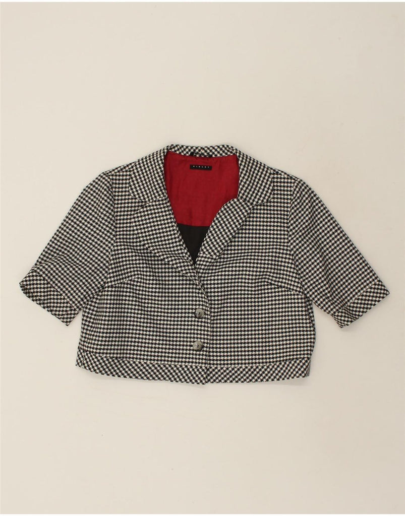 SISLEY Womens 2 Button Crop Blazer Jacket UK 14 Medium Grey Houndstooth | Vintage Sisley | Thrift | Second-Hand Sisley | Used Clothing | Messina Hembry 