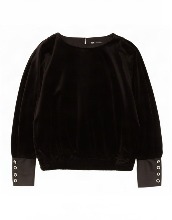 Zara Womens Oversized Long Sleeve Velvet Blouse Top UK 14 Medium Black