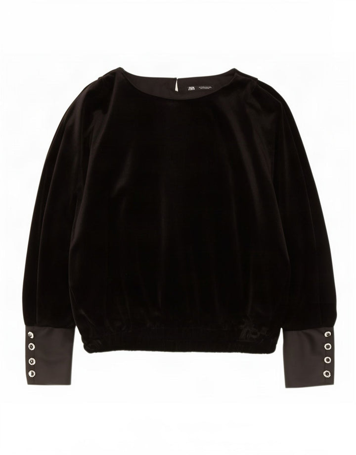 Zara Womens Oversized Long Sleeve Velvet Blouse Top UK 14 Medium Black