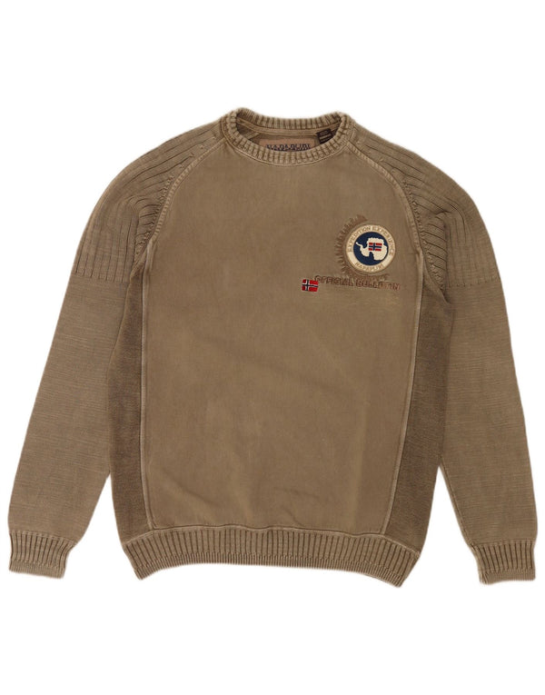 Napapijri Mens Geographic Crew Neck Jumper Sweater Medium Khaki Colourblock