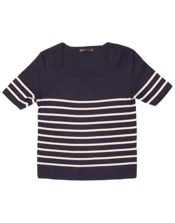 Marks & Spencer Womens Crop Top UK 12 Medium Navy Blue Striped Viscose