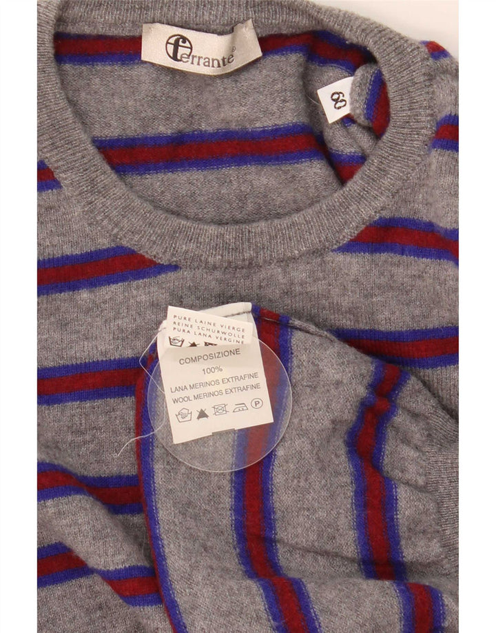 Ferrante Mens Crew Neck Jumper Sweater Size 60 3XL Grey Striped Merino Wool