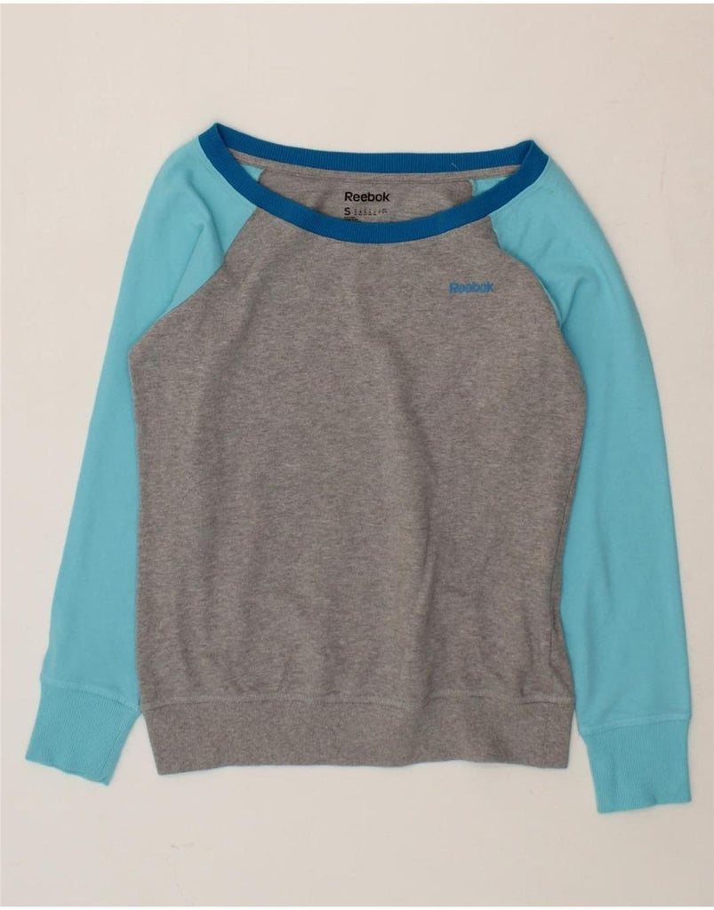 REEBOK Womens Oversized Sweatshirt Jumper UK 10 Small Grey Colourblock Vintage Reebok and Second-Hand Reebok from Messina Hembry 