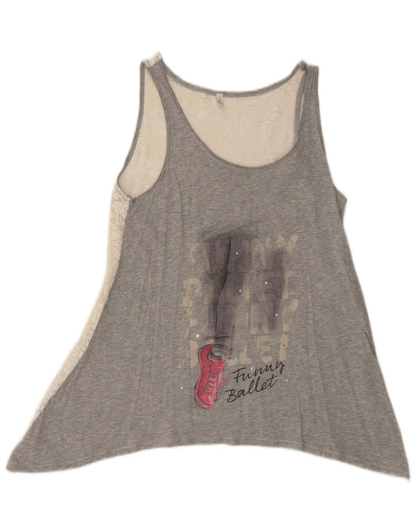 Benetton Womens Asymmetric Graphic Vest Top UK 10 Small Grey Floral Cotton