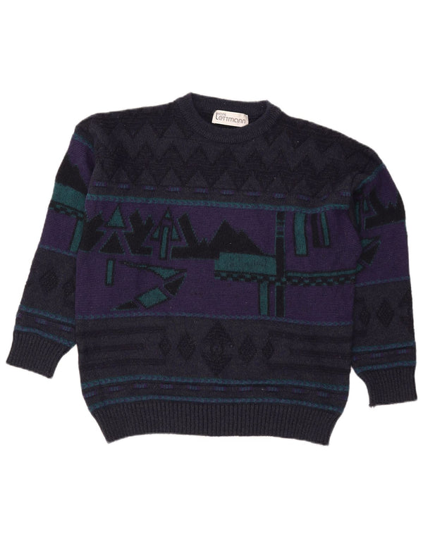 Vintage Mens Crew Neck Jumper Sweater IT 52 Large Navy Blue Geometric Wool