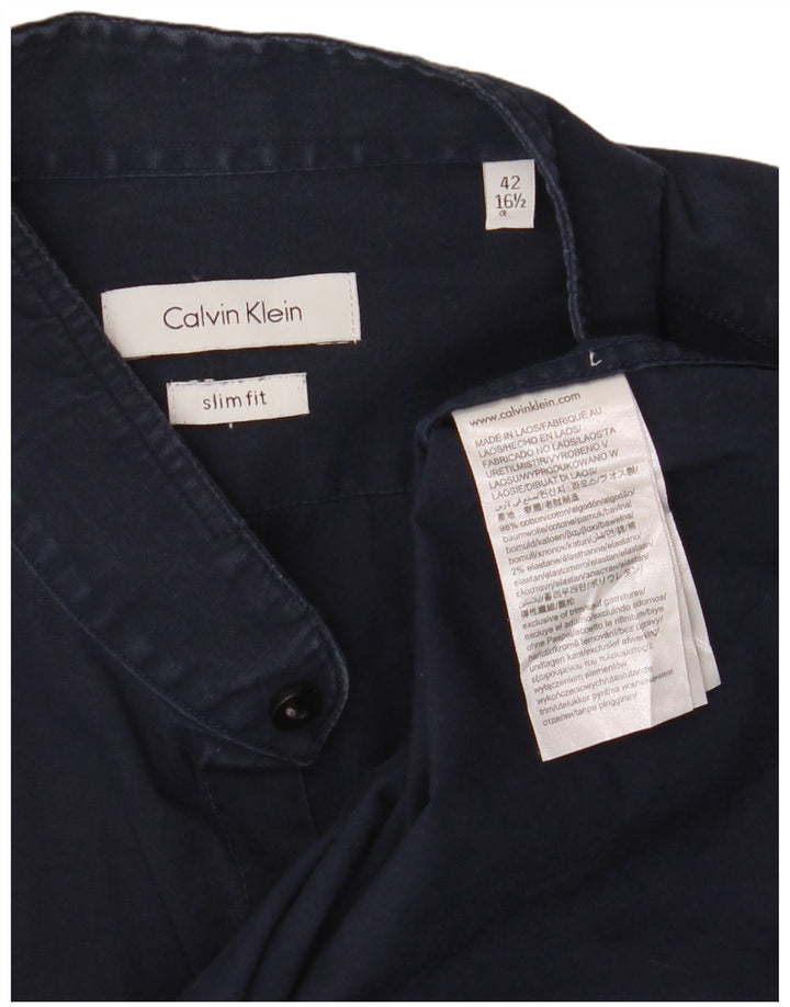 CALVIN KLEIN Mens Slim Fit Shirt Size 42 16 1/2 Large Navy Blue Cotton