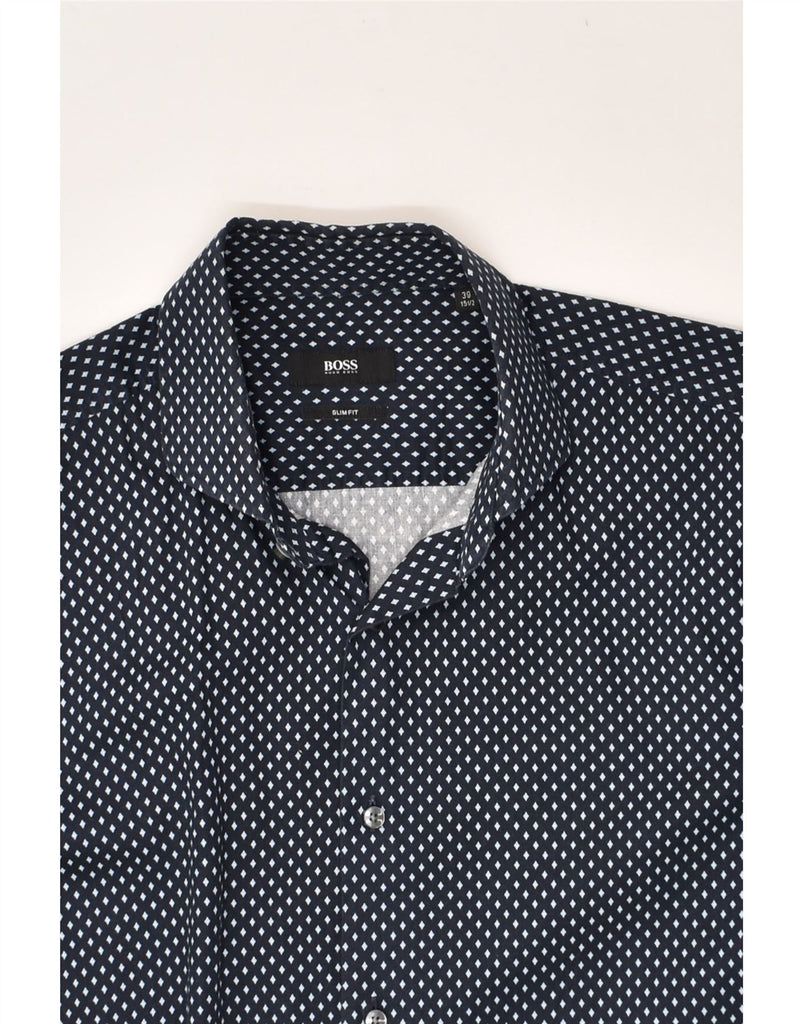 HUGO BOSS Mens Slim Fit Shirt Size 39 15 1/2 Medium Navy Blue Spotted | Vintage Hugo Boss | Thrift | Second-Hand Hugo Boss | Used Clothing | Messina Hembry 