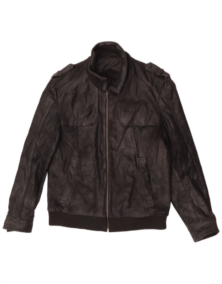 Kruder Mens Military Leather Jacket UK 42 XL Black Leather