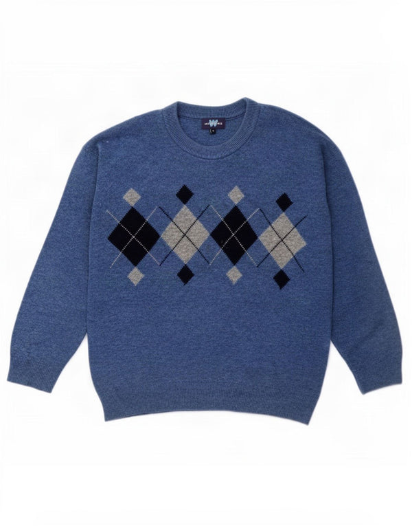 Weekend Mens Crew Neck Jumper Sweater Medium Blue Argyle/Diamond Wool