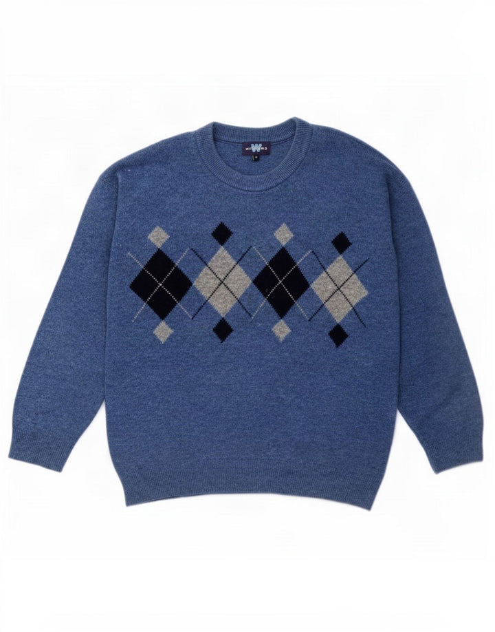 Weekend Mens Crew Neck Jumper Sweater Medium Blue Argyle/Diamond Wool