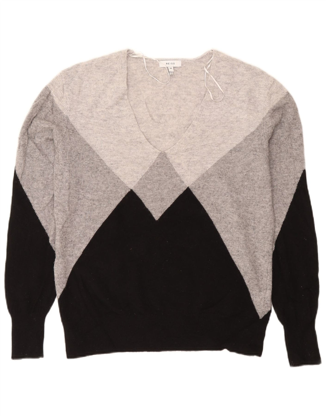 Reiss Womens V-Neck Jumper Sweater UK 14 Medium Grey Colourblock Wool