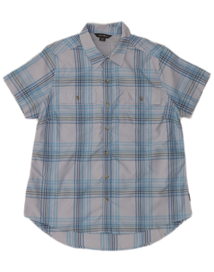 EDDIE BAUER Womens Short Sleeve Shirt UK 14 Medium Blue Check Polyester