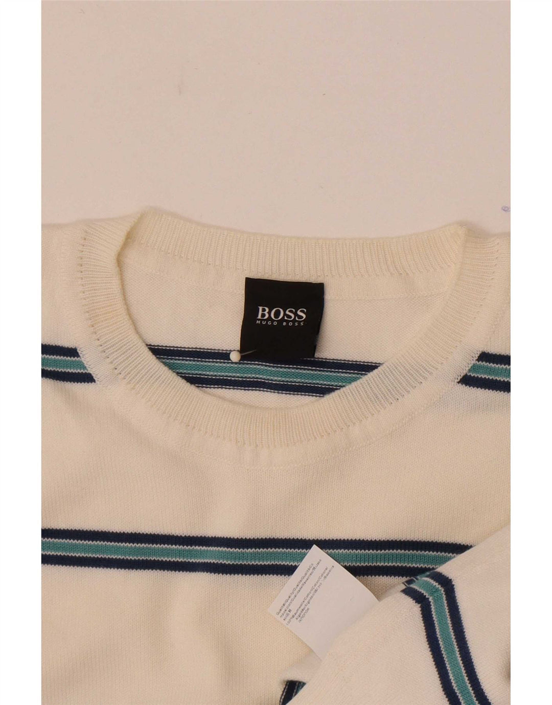 Hugo Boss Mens Crew Neck Jumper Sweater Medium White Striped Cotton
