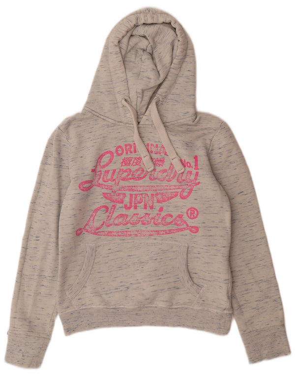 Superdry Womens Graphic Hoodie Jumper UK 10 Small Grey Flecked Cotton