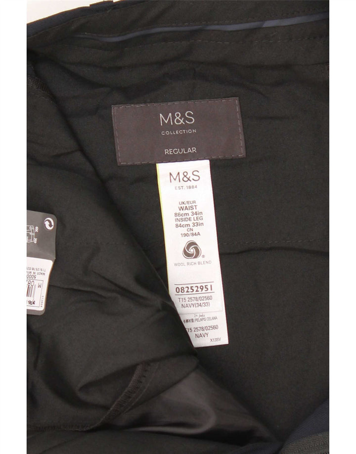 Marks & Spencer Mens Regular Suit Trousers W34 L33 Navy Blue Wool