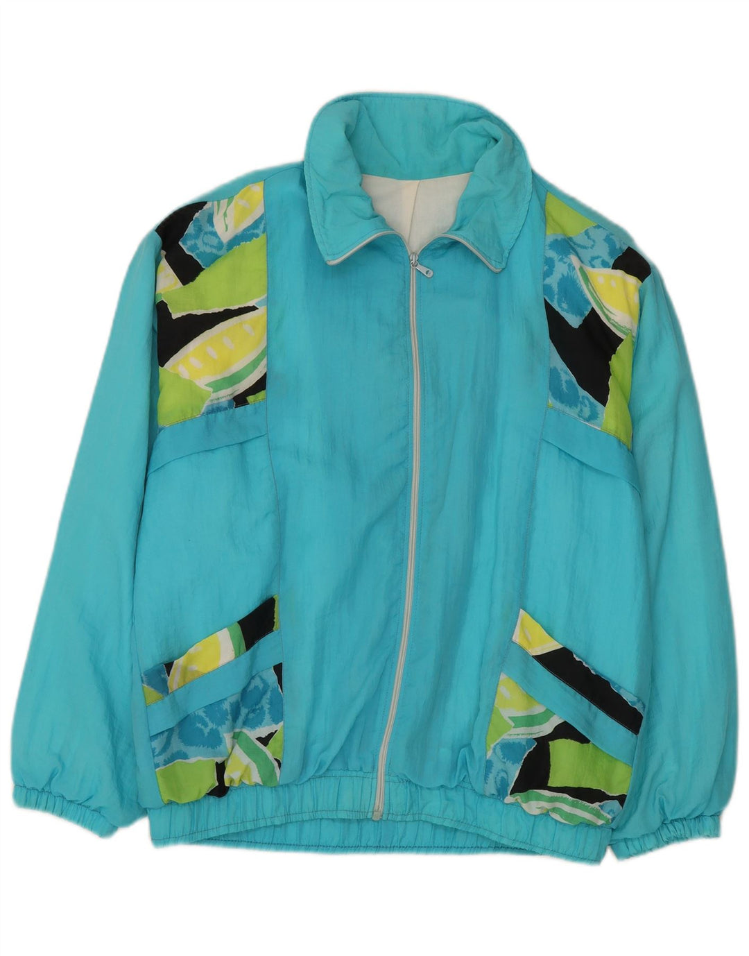 Vintage Mens Tracksuit Top Jacket XL Turquoise Colourblock Rayon
