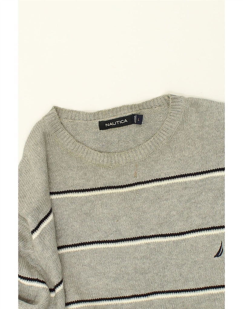 NAUTICA Mens Boat Neck Jumper Sweater Large Grey Striped Cotton | Vintage Nautica | Thrift | Second-Hand Nautica | Used Clothing | Messina Hembry 