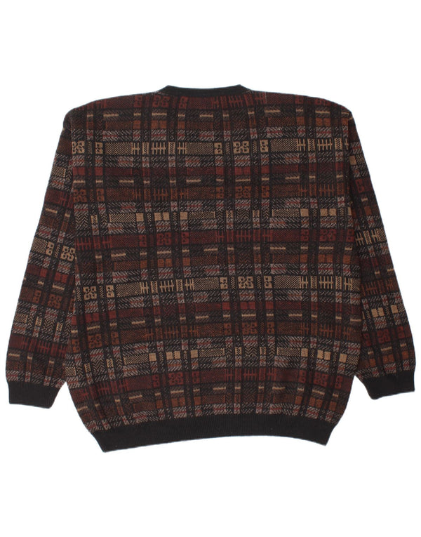 Rodes Mens V-Neck Jumper Sweater XL Brown Geometric Virgin Wool