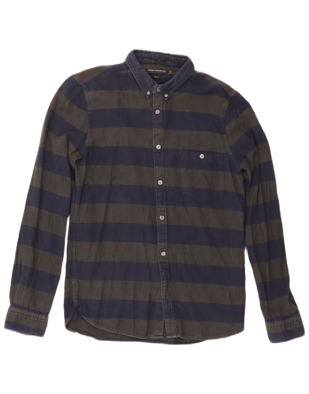 French Connection Mens Slim Flannel Shirt Small Navy Blue Striped Cotton