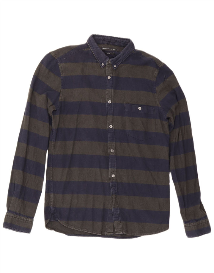 French Connection Mens Slim Flannel Shirt Small Navy Blue Striped Cotton