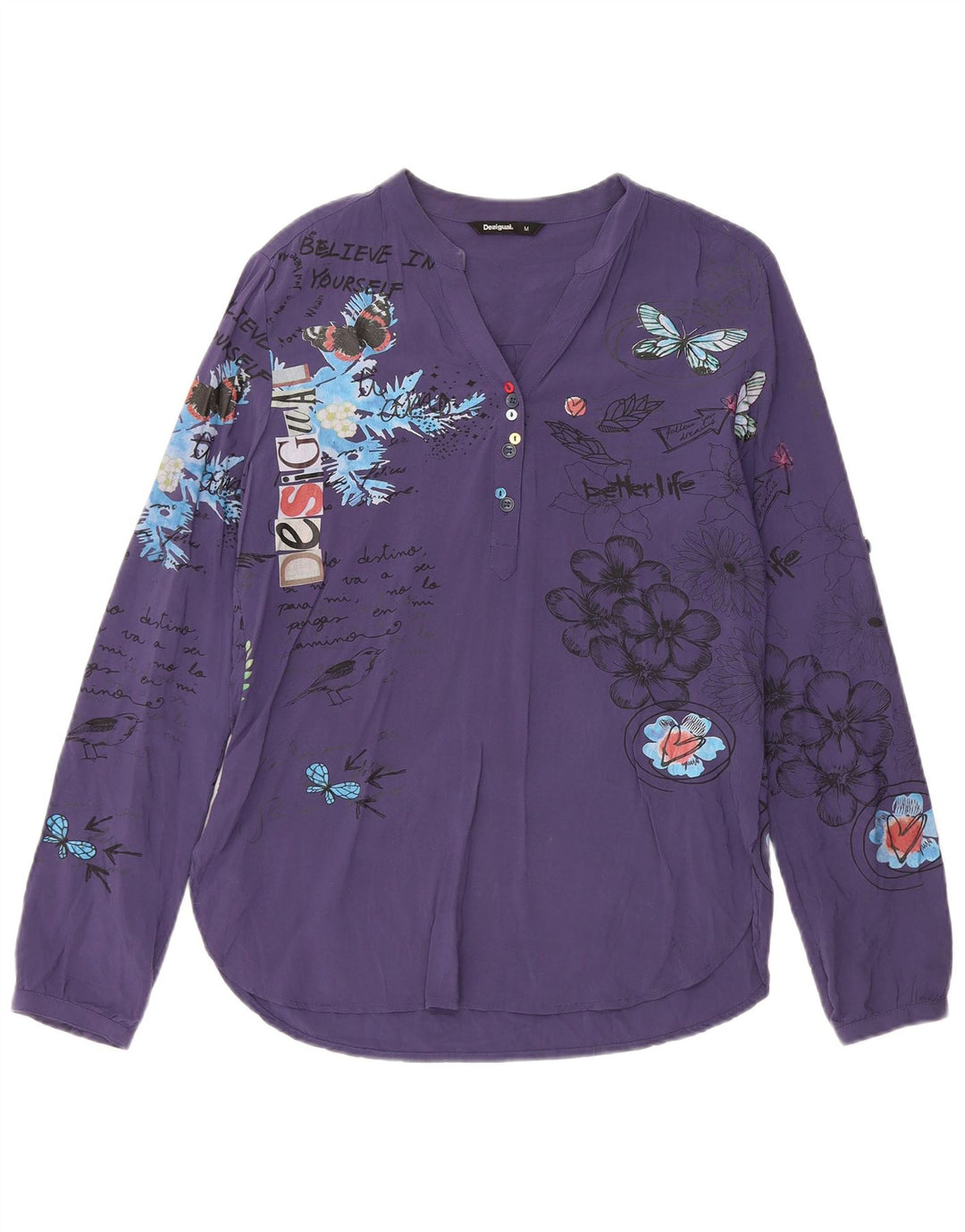 Desigual Womens Pullover Shirt UK 14 Medium Navy Blue Floral Viscose