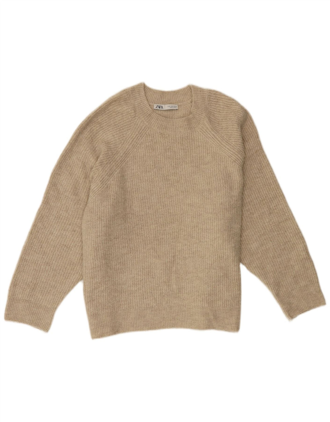 Zara Womens Oversized Crew Neck Jumper Sweater UK 14 Medium Beige Acrylic