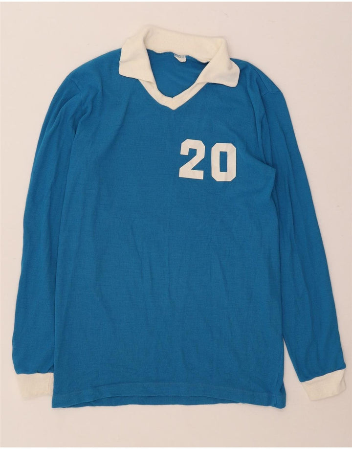 Vintage Mens Graphic Long Sleeve Rugby Polo Shirt Medium Blue