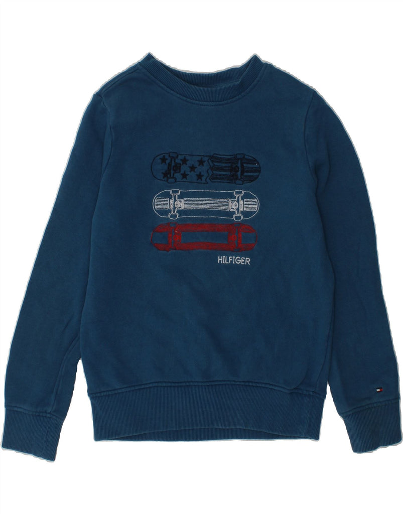 TOMMY HILFIGER Boys Graphic Sweatshirt Jumper 5-6 Years Blue Cotton | Vintage Tommy Hilfiger | Thrift | Second-Hand Tommy Hilfiger | Used Clothing | Messina Hembry 