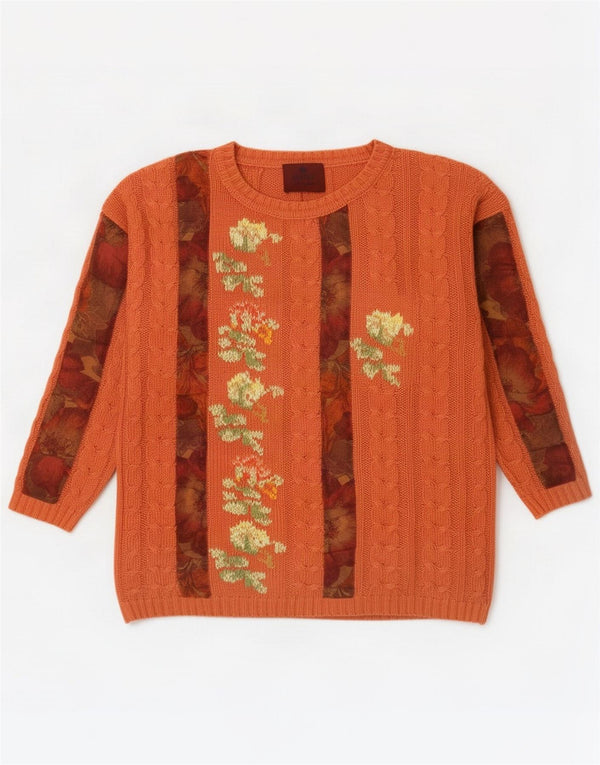 Vintage Womens Boat Neck Jumper Sweater UK 14 Medium Orange Floral Cotton