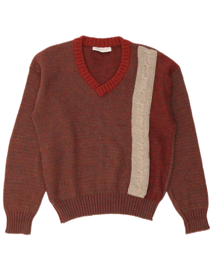 Vintage Mens V-Neck Jumper Sweater IT 52 Large Brown Colourblock