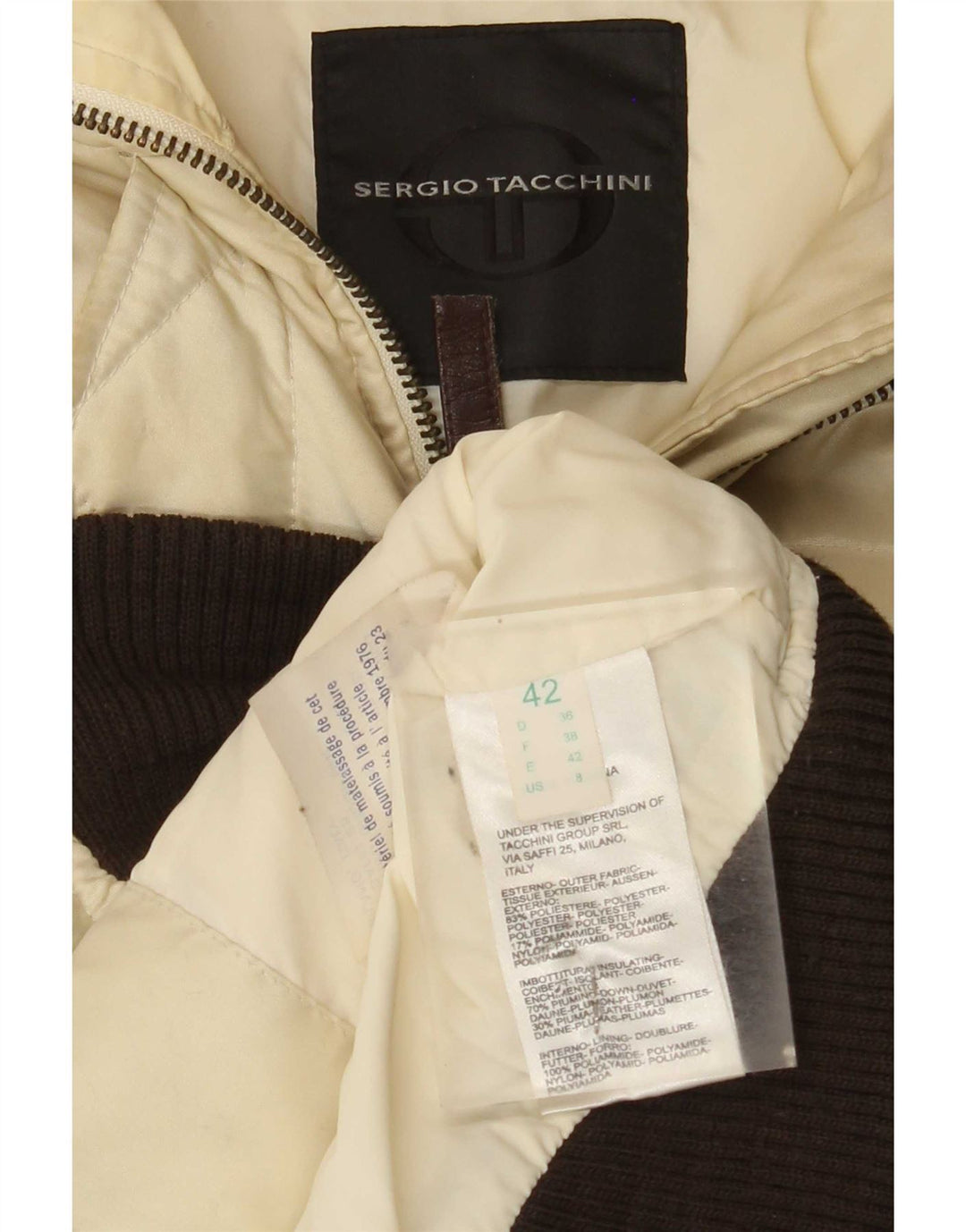 Sergio Tacchini Womens Hooded Padded Jacket IT 42 Medium Beige Colourblock