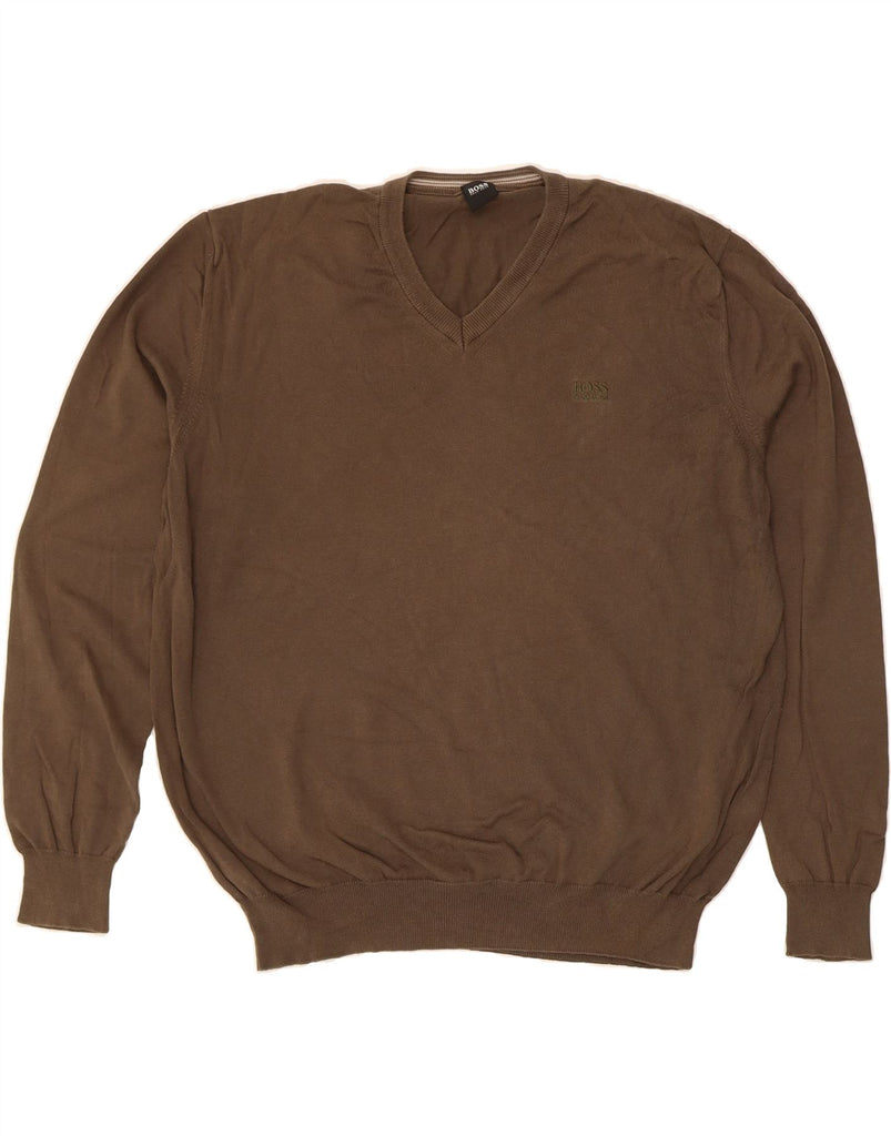HUGO BOSS Mens V-Neck Jumper Sweater XL Brown Cotton Vintage Hugo Boss and Second-Hand Hugo Boss from Messina Hembry 