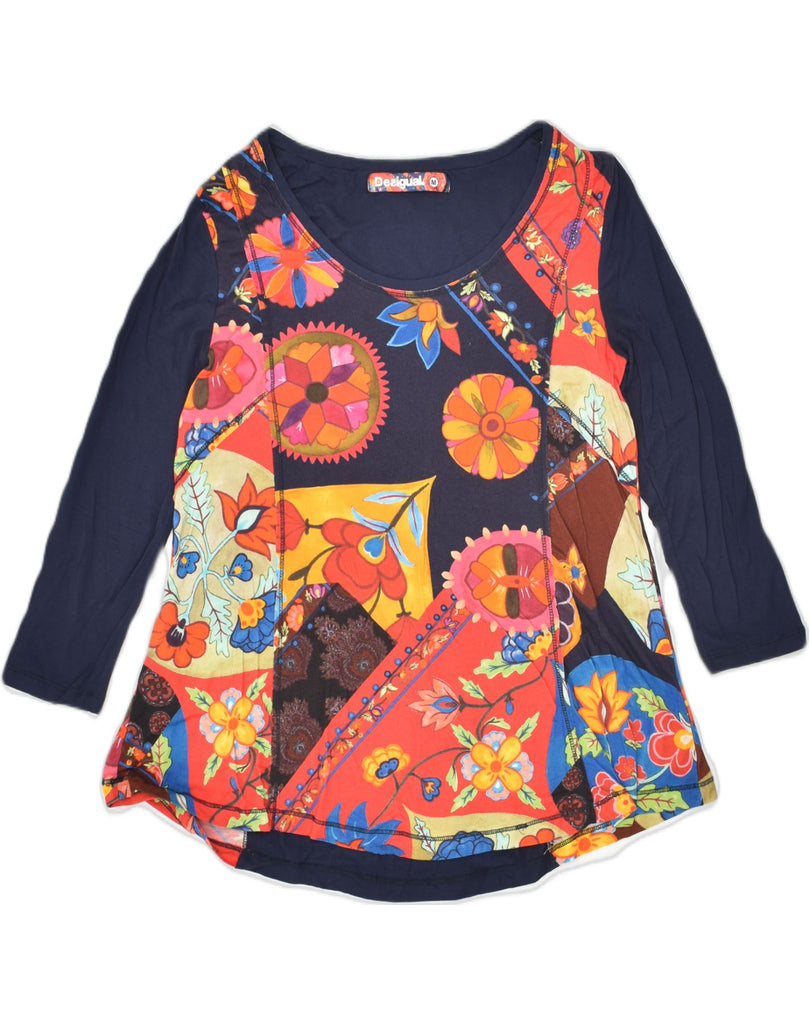 DESIGUAL Womens Graphic Top 3/4 Sleeve UK 14 Medium Navy Blue Floral | Vintage Desigual | Thrift | Second-Hand Desigual | Used Clothing | Messina Hembry 