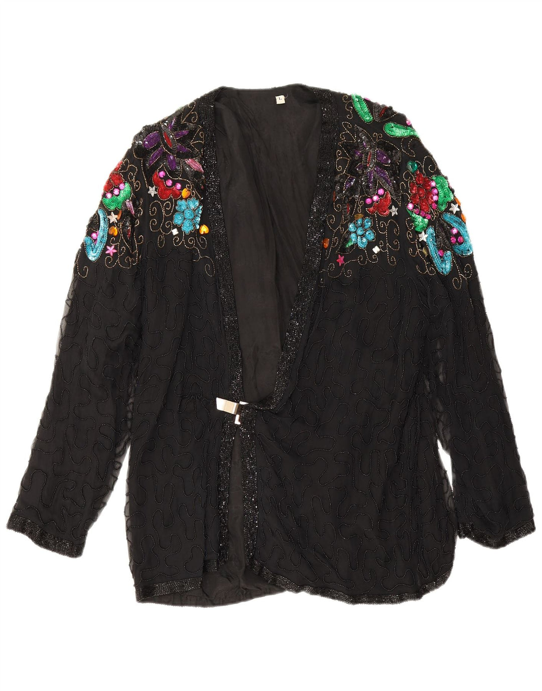 Vintage Womens Evening Blazer Jacket UK 16 Large Black Floral Silk