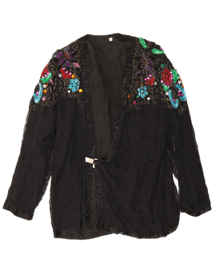 Vintage Womens Evening Blazer Jacket UK 16 Large Black Floral Silk