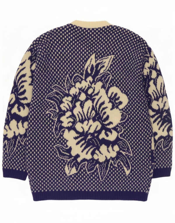 Vintage Womens Cardigan Sweater UK 16 Large Navy Blue Floral Wool