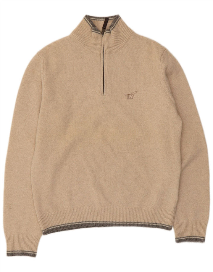 Henry Cottons Mens Zip Neck Jumper Sweater Medium Beige Striped Virgin Wool