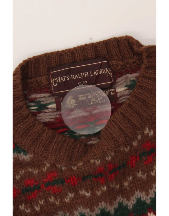 Chaps Mens Crew Neck Jumper Sweater Small Brown Fair Isle Virgin Wool