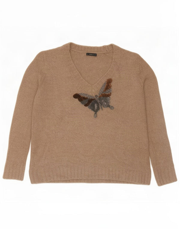 Zara Womens Graphic V-Neck Jumper Sweater UK 16 Large Beige Butterfly