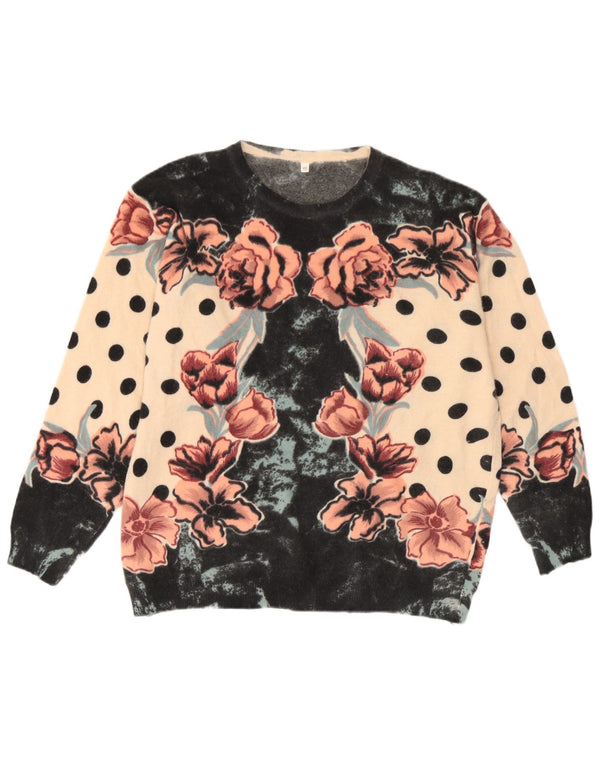 Vintage Womens Crew Neck Jumper Sweater IT 46 Large Beige Floral Wool