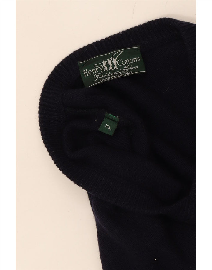 HENRY COTTONS Mens V-Neck Jumper Sweater XL Navy Blue Wool Vintage Henry Cottons and Second-Hand Henry Cottons from Messina Hembry 