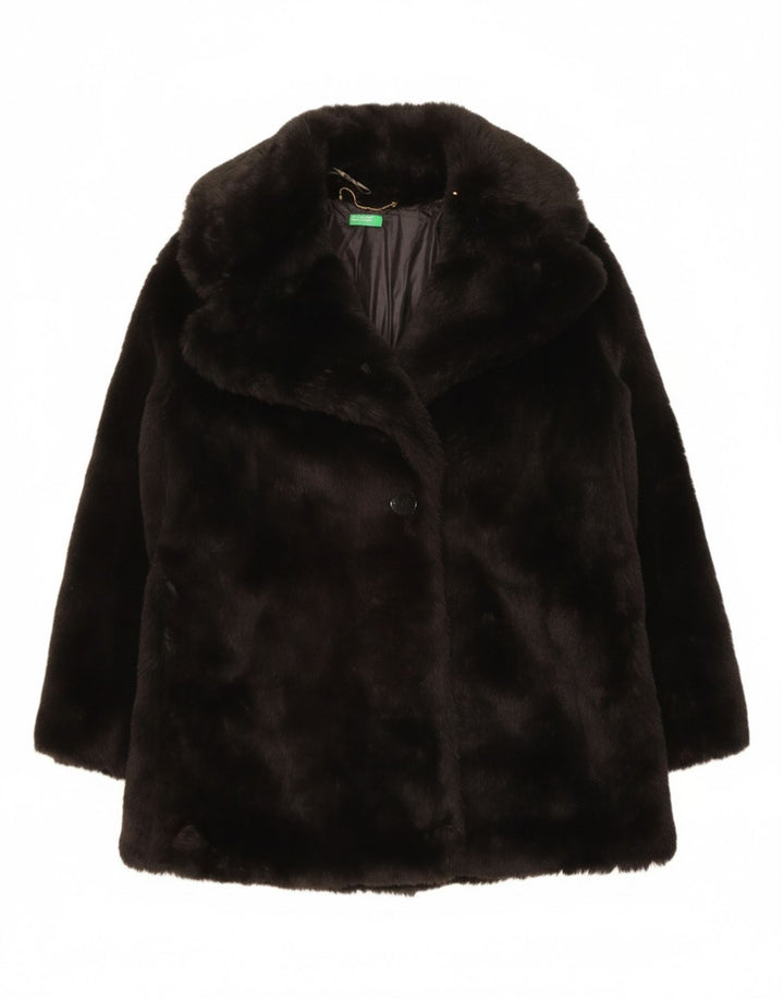 BENETTON Womens Oversized Faux Fur Overcoat UK 14 Medium Black Modacryl