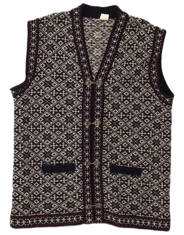 Vintage Mens Waistcoat Large Navy Blue Geometric Wool