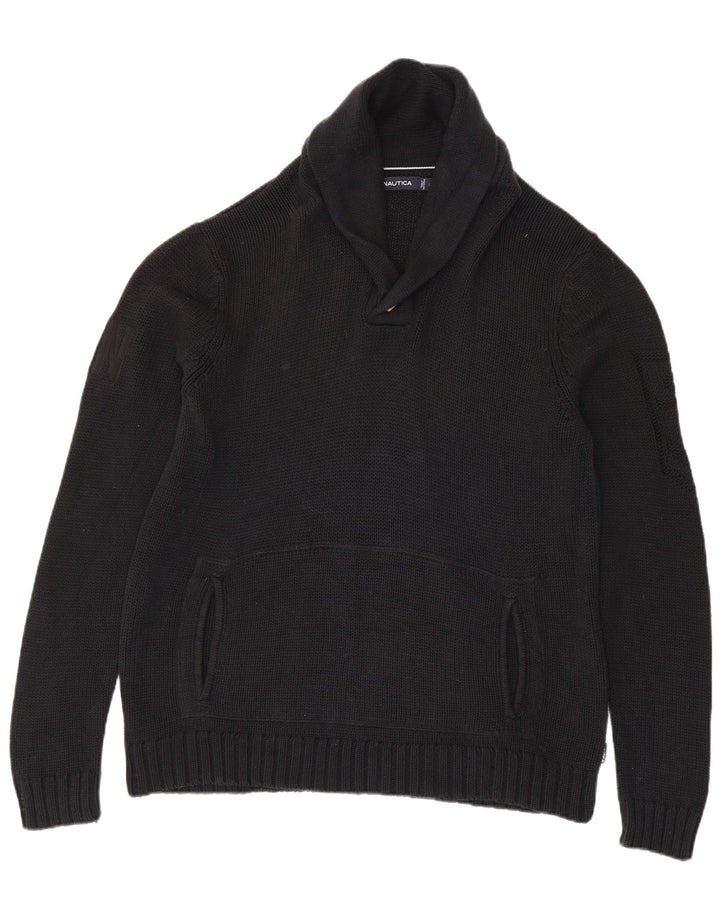 Nautica Mens Shawl Neck Jumper Sweater Large Black Cotton