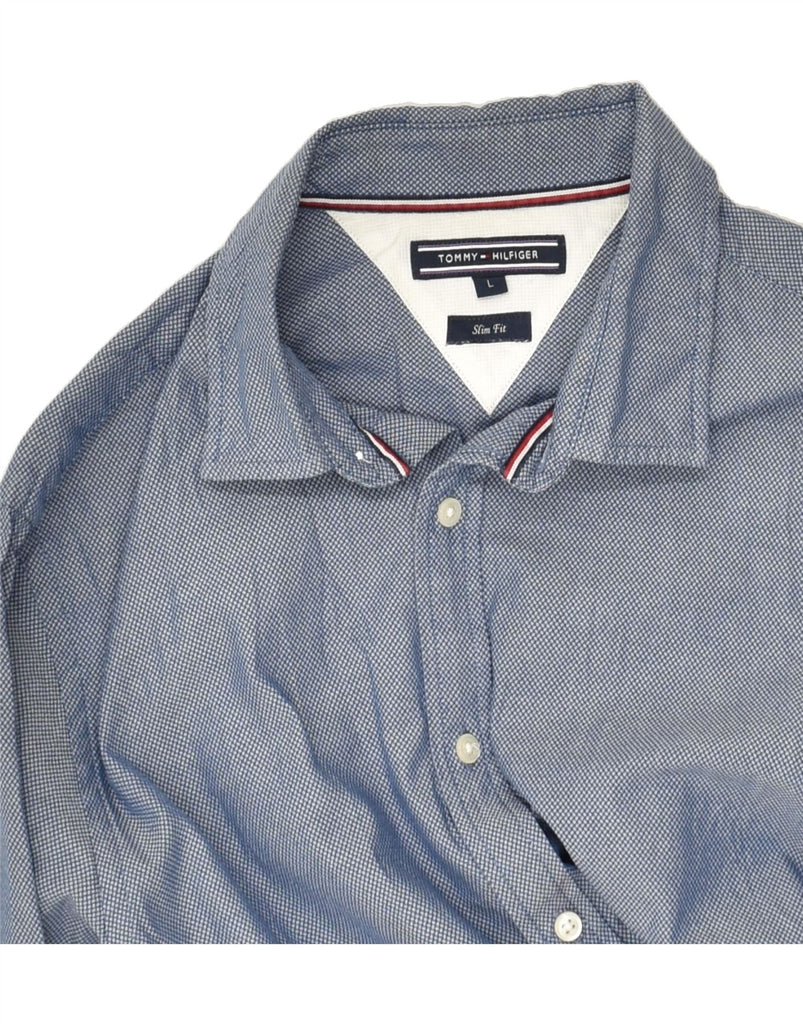 TOMMY HILFIGER Mens Slim Fit Shirt Large Navy Blue Spotted Cotton | Vintage Tommy Hilfiger | Thrift | Second-Hand Tommy Hilfiger | Used Clothing | Messina Hembry 