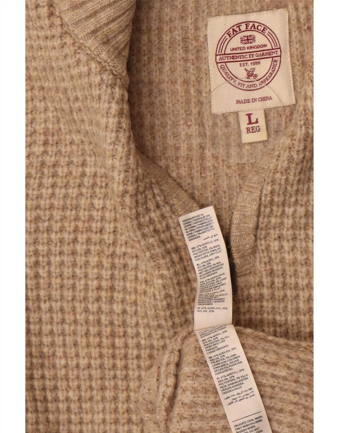 Fat Face Mens Zip Neck Jumper Sweater Large Beige Acrylic