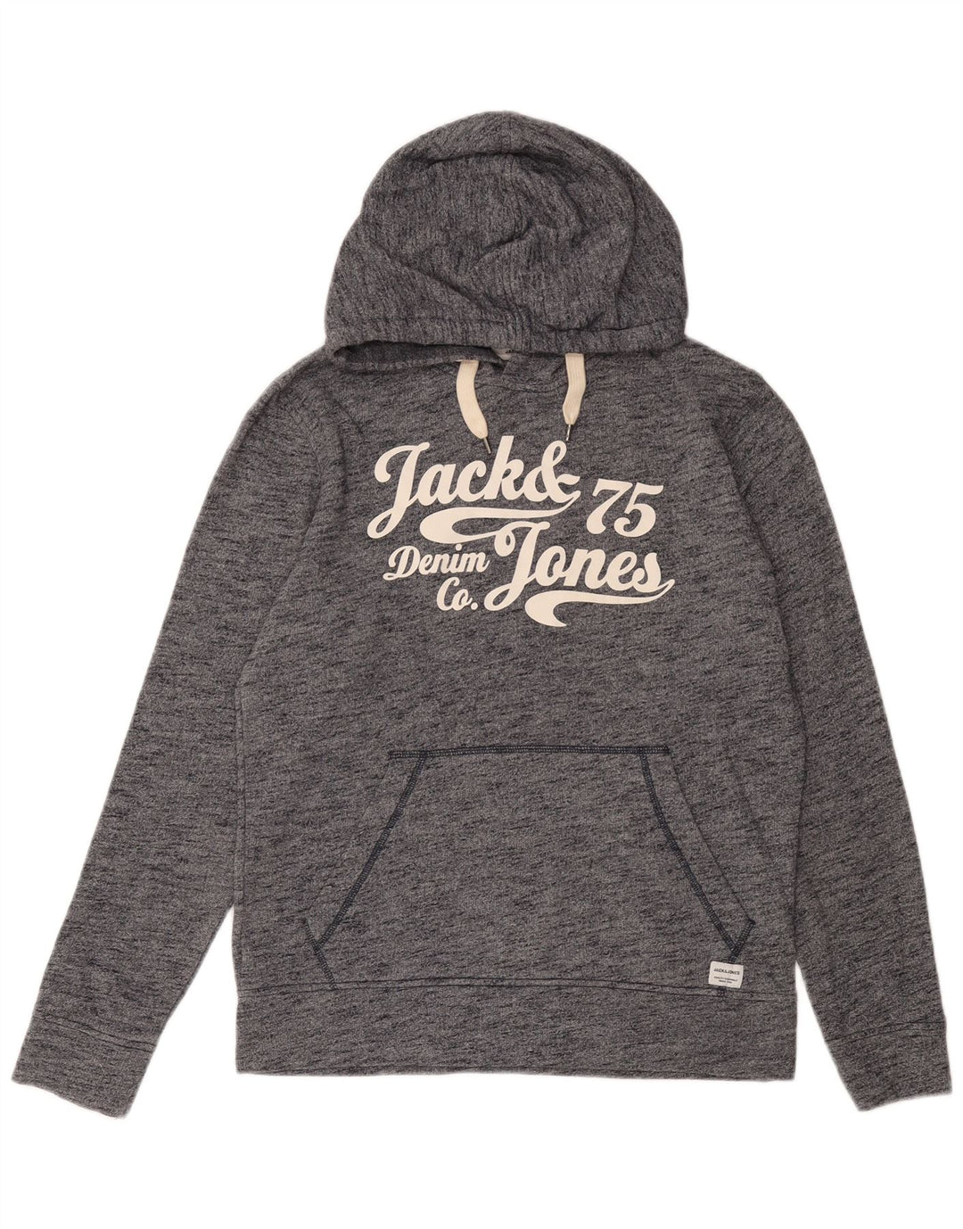 JACK & JONES Mens Graphic Hoodie Jumper Small Navy Blue Flecked Cotton