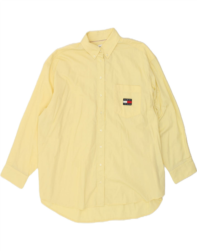 TOMMY HILFIGER Womens Longline Oversized Shirt UK 14 Medium Yellow Cotton | Vintage Tommy Hilfiger | Thrift | Second-Hand Tommy Hilfiger | Used Clothing | Messina Hembry 